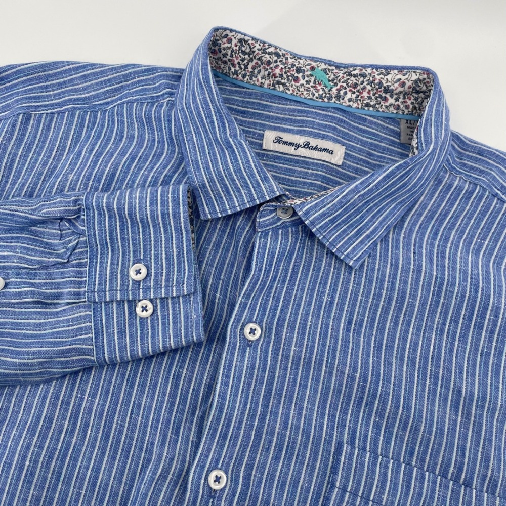 Tommy Bahama Button Down Mens XL Blue Stripe Linen Long Sleeve Floral Trim Shirt